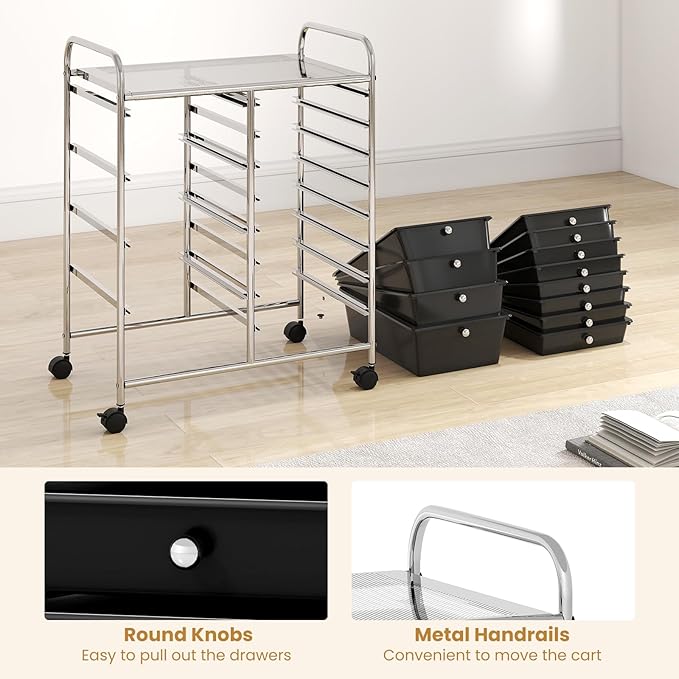 GOFLAME 12-Drawer Rolling Storage Cart, Craft Storage Cart with Removable Drawers & Lockable Wheels, Art Cart Supply Storage Organizer with Metal Frame for Home Office Classroom, Black
