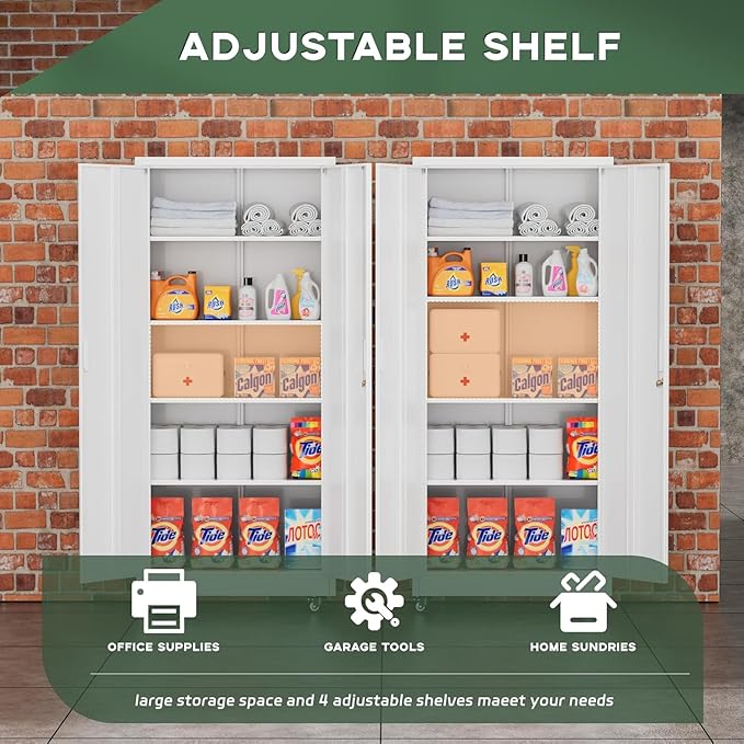 Greenvelly 73" Storage Cabinet with Wheels, Rolling Metal Cabinet with Locking Doors and Adjustable Shelves, Steel Tool Cabinet for Home Office, Garage, Warehouse, White(32" W x 16" D)