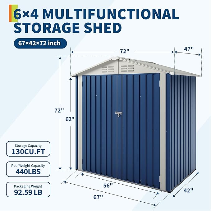 6X4 FT Outdoor Storage Shed, Galvanized Steel Outdoor Storage Shed, 130 Cu Ft Weather Resistant Garden Tool Sheds with Door & Sloped Roof, Multi-Use Shed for Bikes, Ladders