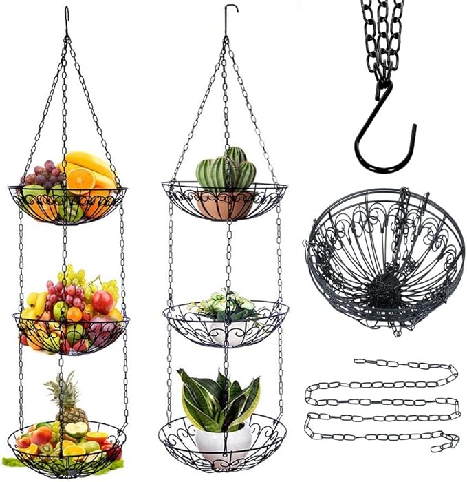 3-Tier Fruit Basket, Vegetable & Produce Storage, Rustic Brown Iron Hanging Kitchen Basket