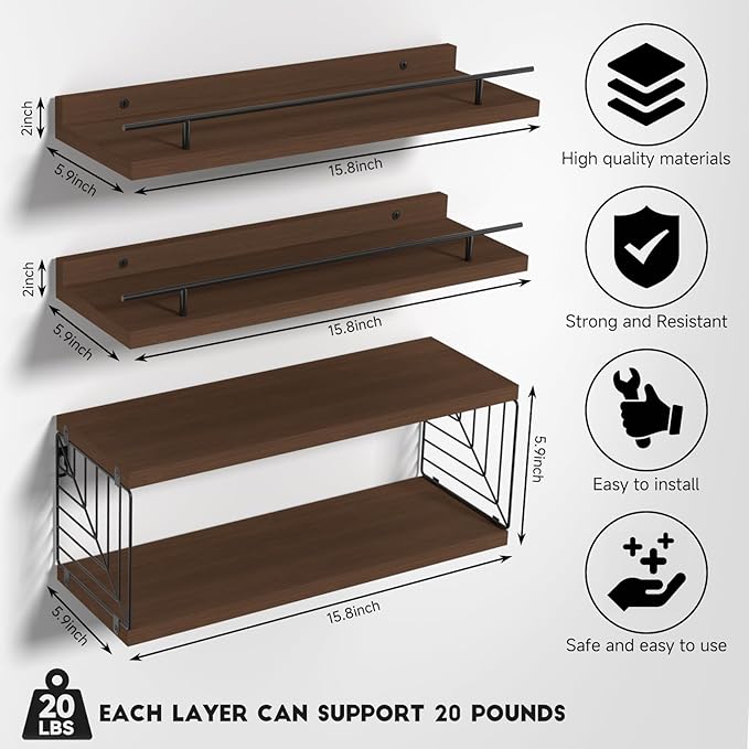 Floating Shelves for Wall, Floating Shelf for Bathroom Set of 3, Floating Shelf for Wall with Toilet Paper Holder for Bathroom, Bedroom, Living Room, Kitchen, Office (Brown)
