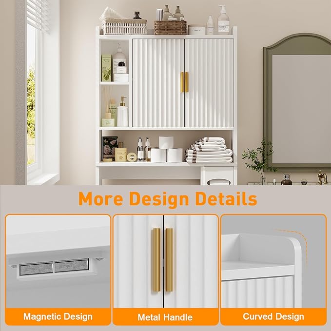 Fluted Over The Toilet Storage Cabinet, Above Toilet Bathroom Organizer with Toilet Paper Holder, Modern Behind Toilet Cabinet, Space Saver for Restroom, Bathroom, Laundry, White