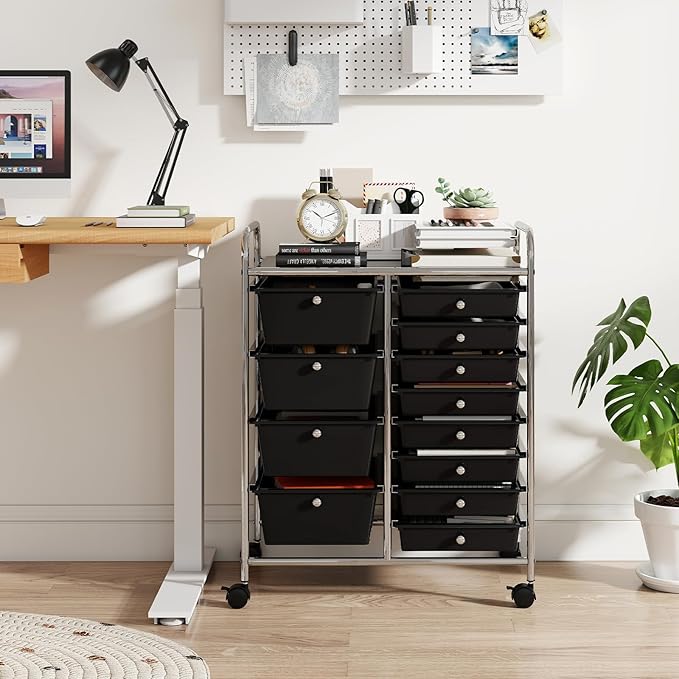 GOFLAME 12-Drawer Rolling Storage Cart, Craft Storage Cart with Removable Drawers & Lockable Wheels, Art Cart Supply Storage Organizer with Metal Frame for Home Office Classroom, Black