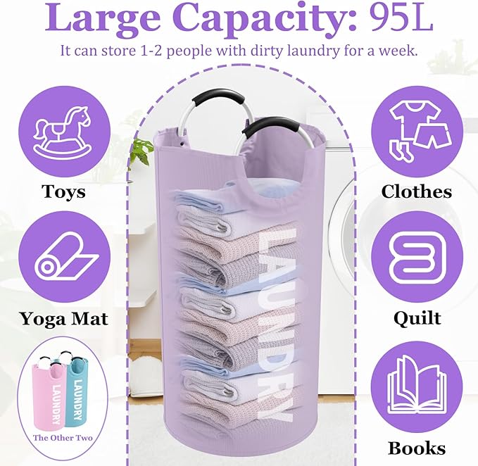 3PCS 95L Laundry Basket, Collapsible Clothes Hamper with Handle, 600D Oxford Cloth Laundry Bin, Stand-alone Dirty Clothes Hamper for Livingroom, Bedroom, Family, Pink+Blue+Purple