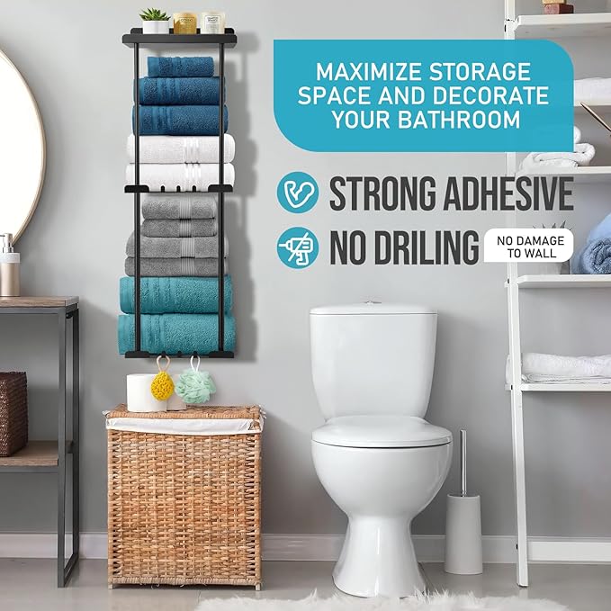 Hommtina Wall-Mounted Towel Rack & Holder - Rust-Resistant Bathroom Organizer with No Drill Installation, Space-Saving Design for Kitchen, Laundry Room (Black)
