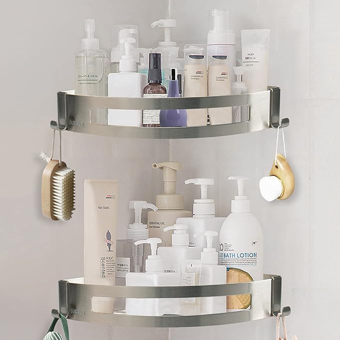 NearMoon Bathroom Shower Caddy 2 Pack, No Drill 304 Stainless Steel Shower Organizer with 2 Hooks (Corner Shelf, Brushed Nickel)