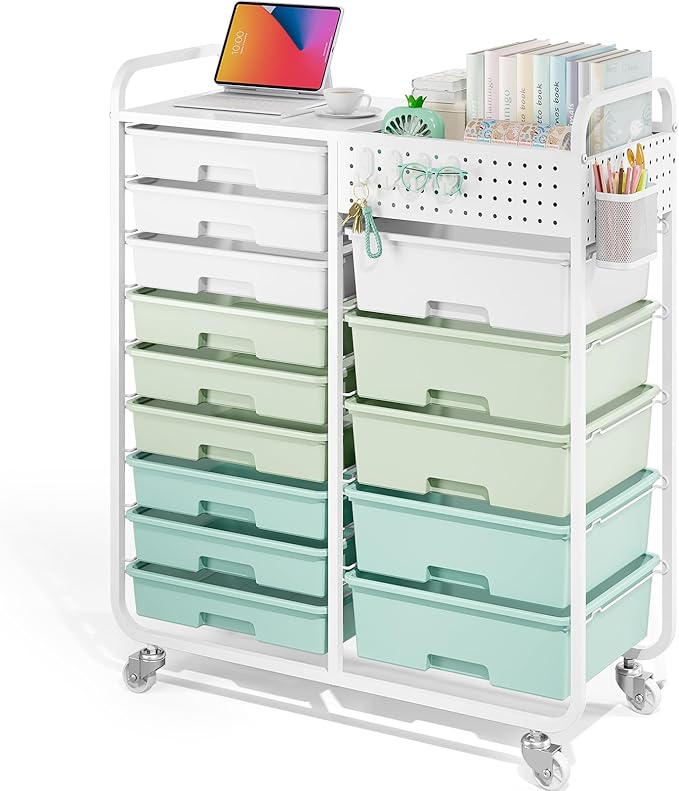 Rolling Storage Cart with 14 Drawers, Storage Organizer Cart with Tabletop and Pegboard,Utility Cart for Living Room, Classroom, Bedroom,Bathroom,Dorm,Office (Green)