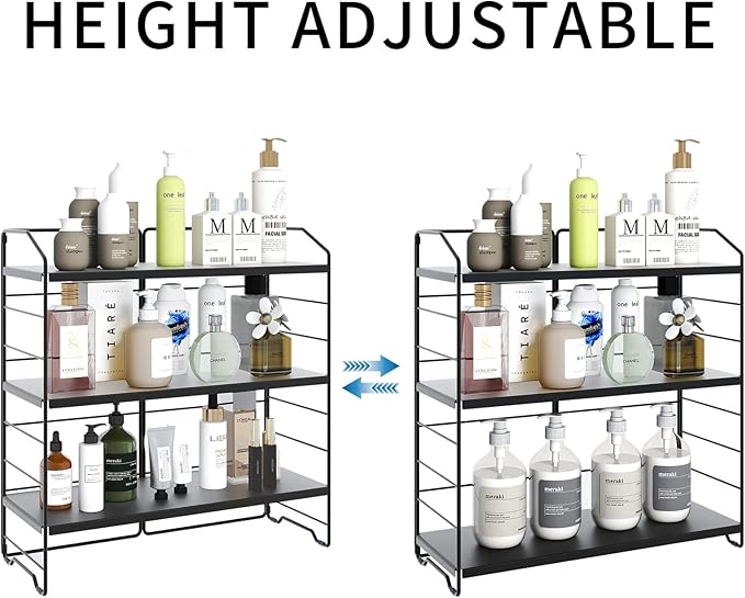 Bathroom Countertop Organizer, 3-Tier Bathroom Counter Organizer, 8-Levels Height Adjustable, Bathroom Organizer for Kitchen, Pantry, Livingroom, Offices Storage, Metal Black