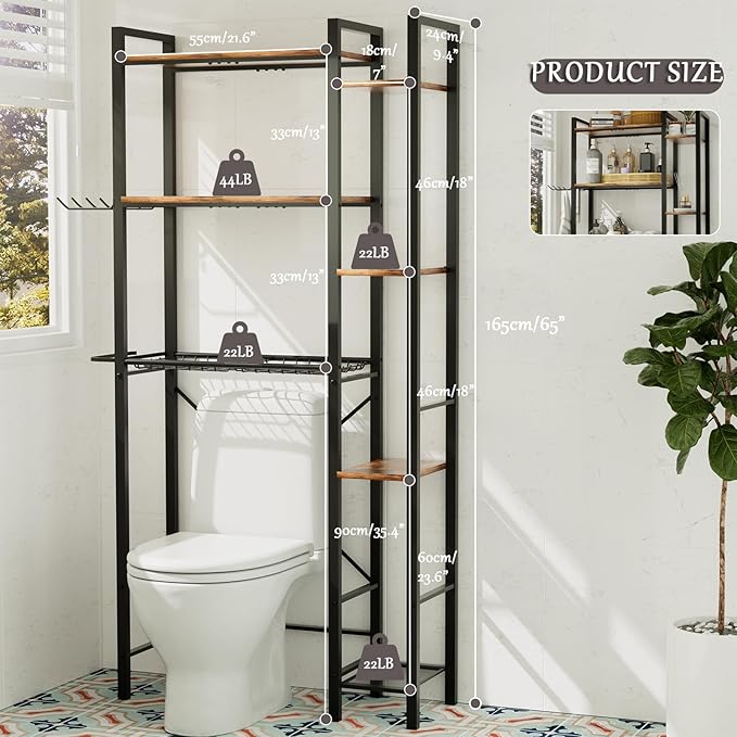 homyfort Over The Toilet Storage Cabinet, 3-Tier Bathroom Shelves Over Toilet, Easy Installation with Drain Basket, Side Rack, X Shape Side Guardrail, Freestanding Toilet Rack for Balcony, Laundry