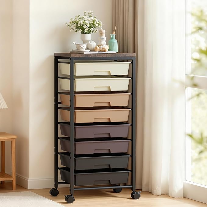 Rolling Cart with 8 Drawers, Plastic Drawer Storage Carts with Wheels & Wooden Tabletop, Metal Utility Cart Organizer for Bedroom Living Room Office Classroom Craft Organization and Storage, Brown
