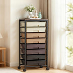 Rolling Cart with 8 Drawers, Plastic Drawer Storage Carts with Wheels & Wooden Tabletop, Metal Utility Cart Organizer for Bedroom Living Room Office Classroom Craft Organization and Storage, Brown