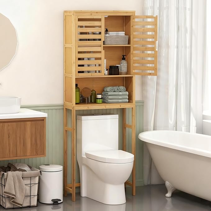 Giantex Over The Toilet Storage Cabinet, 3-Tier Bamboo Bathroom Space Saver with 2 Louver Doors, Open Shelf, Adjustable Bottom Bar, Over Toilet Bathroom Organizer for Laundry, Balcony, Restroom