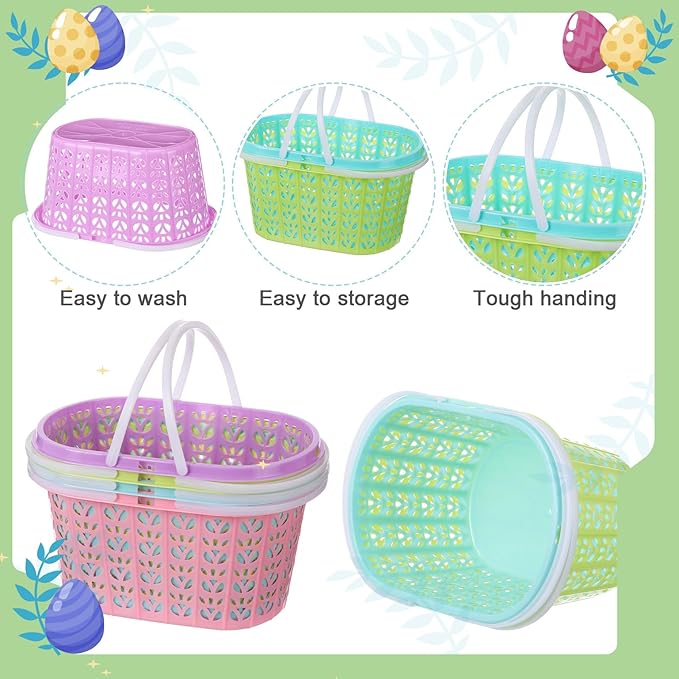 Havawish Easter Baskets Bulk with Handle Small Colorful Plastic Eggs Baskets Easter Bucket for Egg Hunt Spring Party Favors(50 Pcs,Rectangular)
