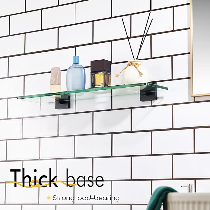 KOKOSIRI Bathroom Shelves Wall Mount Tempered Glass Floating Shelf 20-Inch Kitchen Hanging Rack Shower Storage, 2 Pack Black Stainless Steel B1107BK-L20-P2