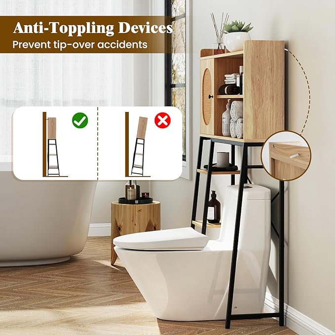 Giantex Over The Toilet Storage Cabinet with Rattan Door, Freestanding Space Saver Rack Above Toilet with Metal Stand, Adjustable Shelf, Over Toilet Bathroom Organizer for Restroom, Laundry