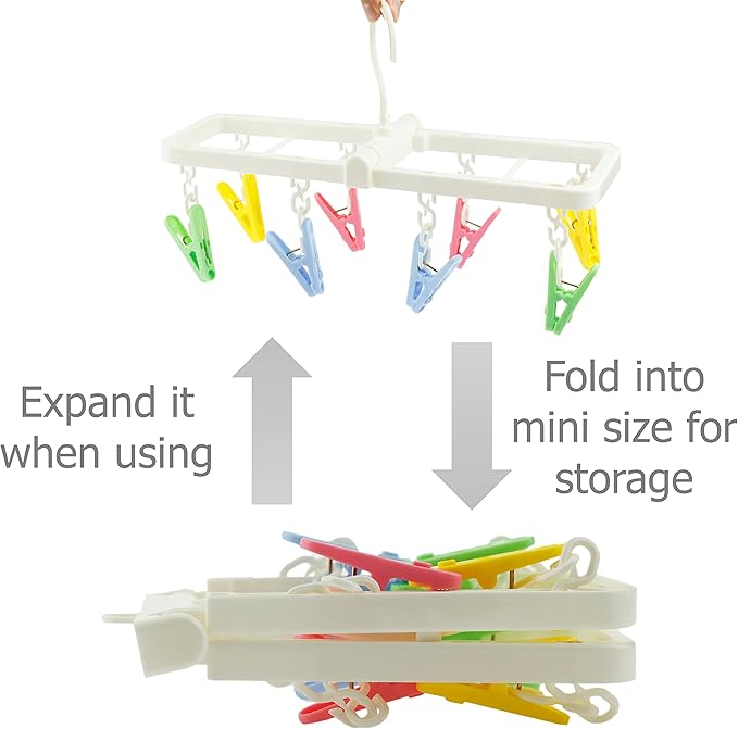 EIKS Laundry Hanger Drying Rack with 8 Clips for Towels, Bras, Baby Clothes, Gloves, Portable & Foldable & Compact Size for Travel