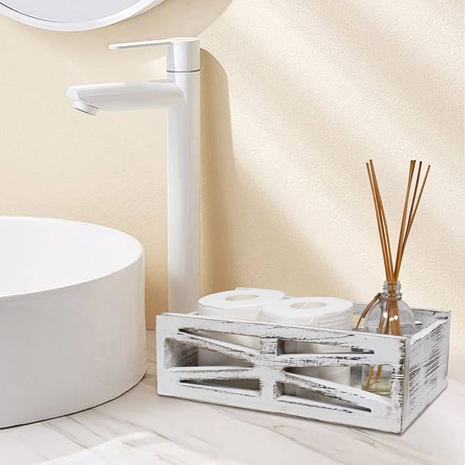 Wooden Bathroom Decor Box,Rustic Toilet Tank Box,Bathroom Decor Toilet, Wooden Storage Box,Farmhouse Bathroom Accessories, Paper Basket(White)