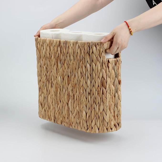 Wicker Toilet Paper Holder Stand Basket, 9 Rolls Toilet Paper Storage Basket Bathroom Organizer with Handles, Water Hyacinth Toilet Paper Organizer for Bathroom Storage
