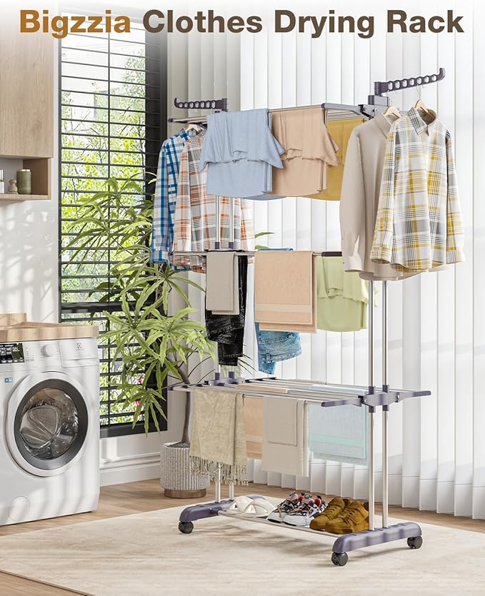 Bigzzia Clothes Drying Rack Folding Drying Rack Clothing 4 Tier Clothes Horses Rack Stainless Steel Laundry Drying Rack with Two Side Wings Grey