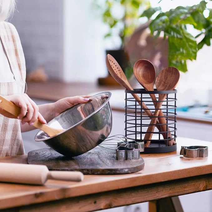 Utensil holder for Kitchen Counter - 5.2" x 5.2" x 6" Large Round Utensils Holder with Wooden Base Matte Black Cooking Utensil Holder，Kitchen countertop Utensil Organizer (Metal)