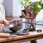 Utensil holder for Kitchen Counter - 5.2" x 5.2" x 6" Large Round Utensils Holder with Wooden Base Matte Black Cooking Utensil Holder，Kitchen countertop Utensil Organizer (Metal)