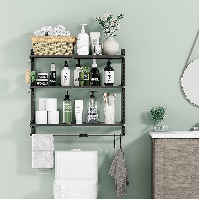 Over The Toilet Storage, 23.8" Lx8.46 Wx23.8 H, 3-Tier Adjustable Metal Bathroom Organizer Expandable Over Toilet Storage, Floating Heavy Duty Bathroom Storage, Space Saver w/Hanging Rod-Black
