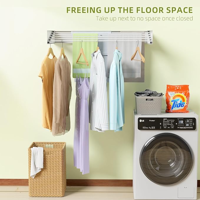 Wall Mounted Clothes Drying Rack, 31.5" Foldable Collapsible Laundry Rack, Heavy Duty 60 lb Capacity Hidden Space Saver, Includes Wall Template for Laundry Room Indoor Outdoor Balcony (White)