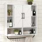 RUSTOWN Rustic Wood Wall Bathroom Cabinet, Farmhouse Medicine Cabinet Wall Mounted, Space Saving Wall Storage Cabinet with 2 Barn Door, 3-Tier Adjustable Shelves and Towel Bar (White)