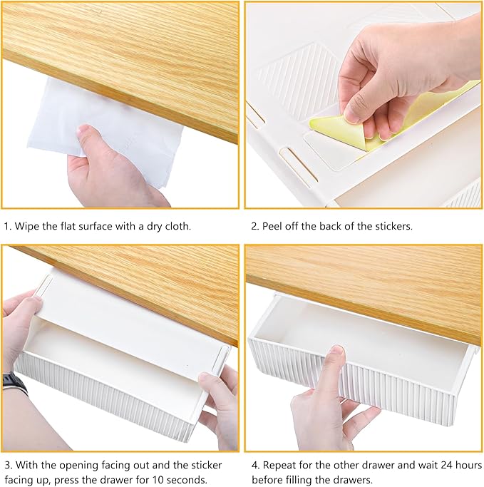 YOUEON 3 Pack Under Desk Drawer Slide Out, Self-Adhesive Under Table Drawer, Hidden Attachable Under Desk Storage Drawers, Stick on Drawers for Office, Home, School, White