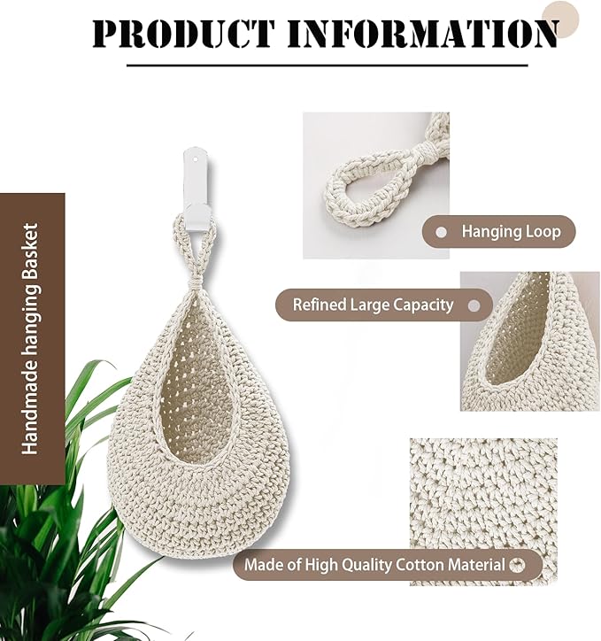 Hanging Fruit Large Basket Set of 3, Boho Wall Hanging Storage Basket for Organizing, Handmade Teardrop Hammock Holder for Fruit Vegetable in Home & Restaurant Kitchen with Hooks,White