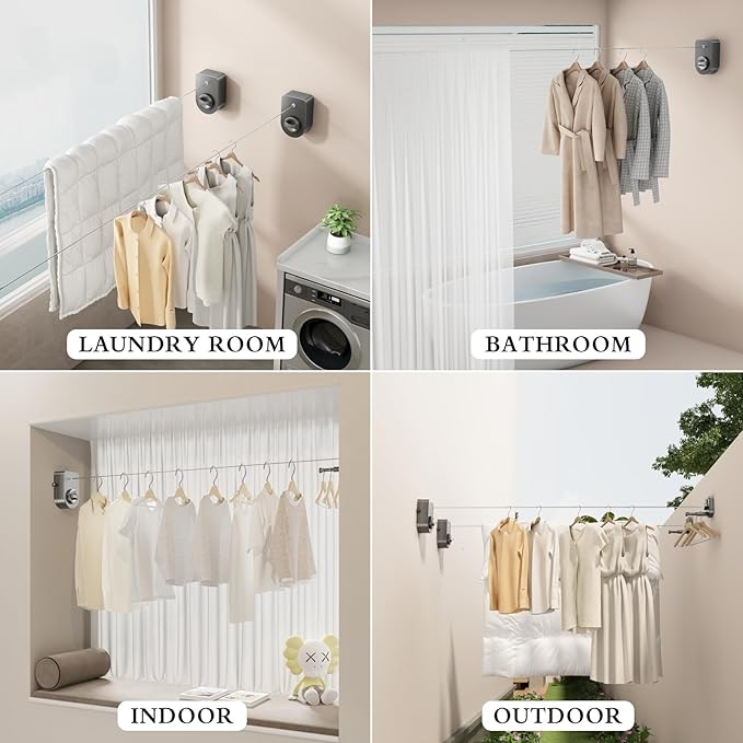 Retractable Clothesline Indoor, Non-Sagging Clothes Line Outdoors,13.7 Ft Heavy Duty Clothesline with Telescopic Hanging Rod, Wall Mounted Space-Saving Laundry Line (Gray)