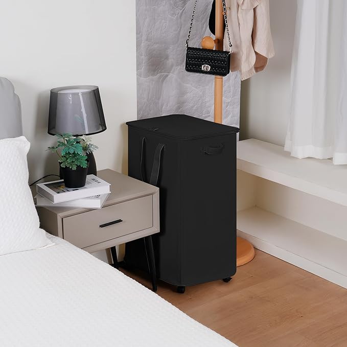 Slim Laundry Hamper with Lid and Wheels, Small Rolling Laundry Basket with Handle for Small Spaces, Tall Dirty Clothes Hampers for Dorm, Bathroom and Bedroom, 95L Black