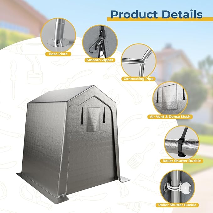 6 x 6 FT Carport, Portable Shed w/220G Heavy Duty Waterproof PE Tarp, Roll-up Zipper Door & Vent, Weather-Resistant Storage Shed for Motorcycle, Bike and Tools, Gray