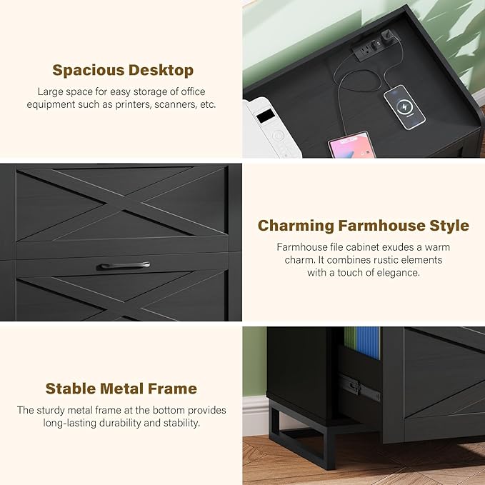 File Cabinet 3 Drawers Lateral File Cabinet with Charging Station for Letter/Legal/A4 Size Hanging Files, Large Wood File Storage Cabinets Printer Stand for Home Office, Black