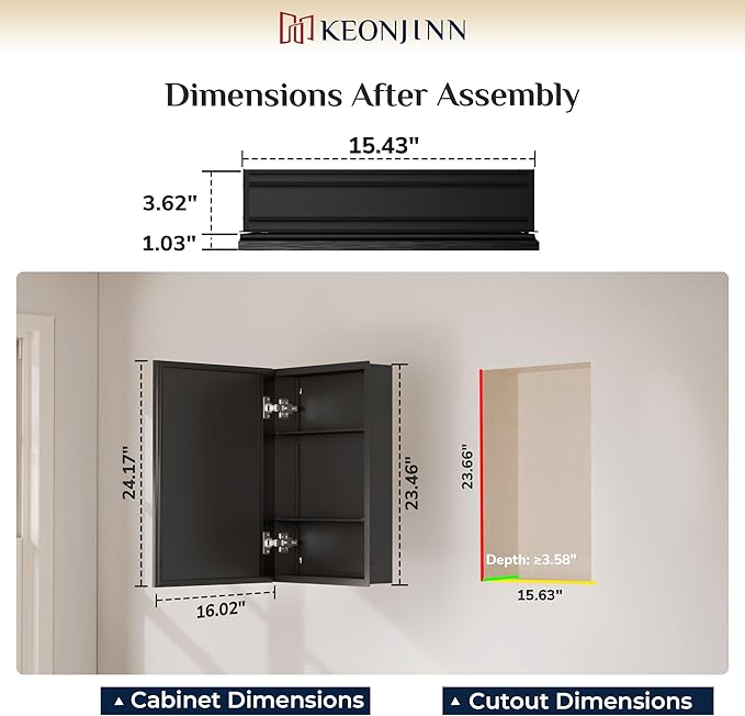 Keonjinn Medicine Cabinet Mirror 16" x 24", Assembly Required, Black Medicine Cabinet with Mirror for Bathroom, Beveled Framed, Wall-Mounted or Recessed, Stepless Adjustable Shelves
