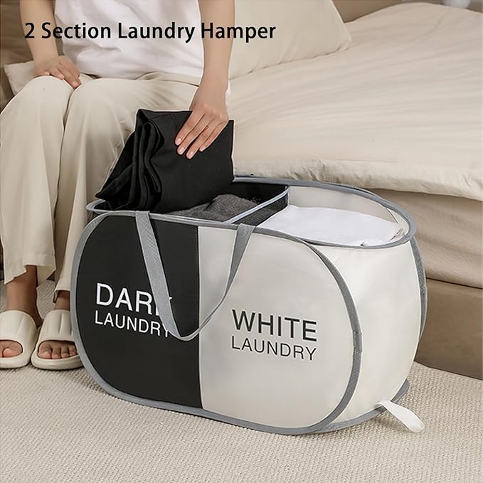 Pop Up Laundry Hamper 2 Section, Collapsible Laundry Basket with Carry Handles for Home, Laundry Room, Bedroom, Dorm, RV Travel (Black & Beige - 2 Compartments)
