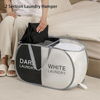 Pop Up Laundry Hamper 2 Section, Collapsible Laundry Basket with Carry Handles for Home, Laundry Room, Bedroom, Dorm, RV Travel (Black & Beige - 2 Compartments)