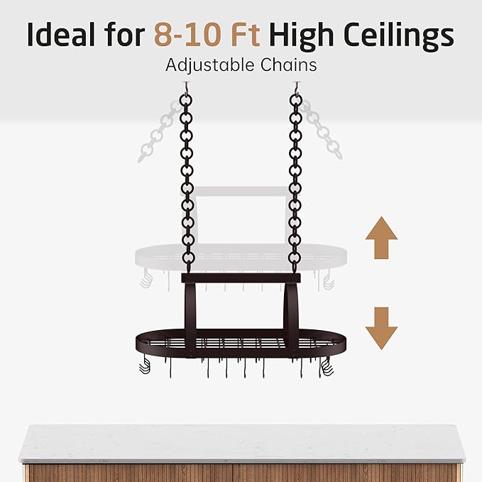 KES 34 Inch Oiled Bronze Hanging Pot Rack, Heavy Duty Oval Pot and Pan Hanging Rack Ceiling Mount, Pot Pan Hangers for Kitchen with 20 Hooks, (For 16" and 24" Joist Mount), KUR221S85-OB