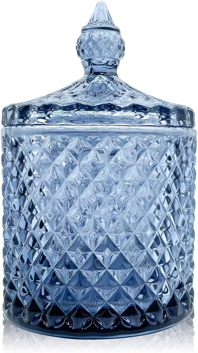 Colorful Glass Makeup Removal Skincare Cotton Jar With Lid Candy Cookie Jars Jewelry Box Buffet Biscuit Containers Food Storage Decorative(Gray Blue)
