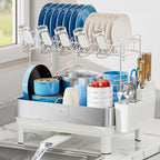 Ewaiira Dish Drying Rack, 304 Stainless Steel Dish Racks for Kitchen Counter, Dish Drainers with Automatic Drainage, Utensil Holder & Cups Holder, Space Saving Kitchen Organizer (2-Tier White)