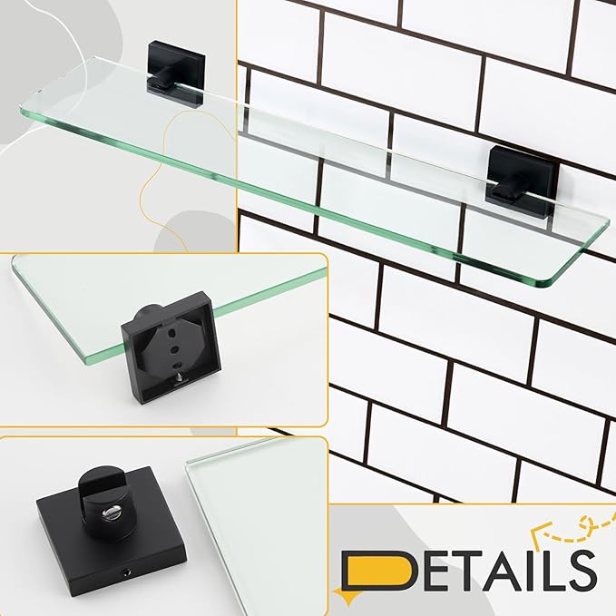 KOKOSIRI Bathroom Shelves Wall Mount Tempered Glass Floating Shelf 20-Inch Kitchen Hanging Rack Shower Storage, 2 Pack Black Stainless Steel B1107BK-L20-P2