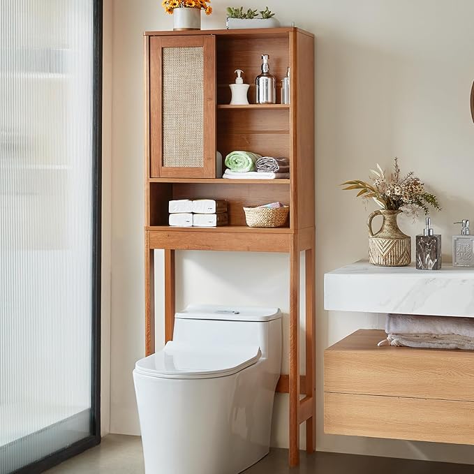 LEYAOYAO Over The Toilet Storage Cabinet with Rattan Sliding Door, 68" Tall Wood Above Toilet Bathroom Organizer w/Adjustable Shelf & Curved Profile, Space Saver Freestanding Washer Shelf