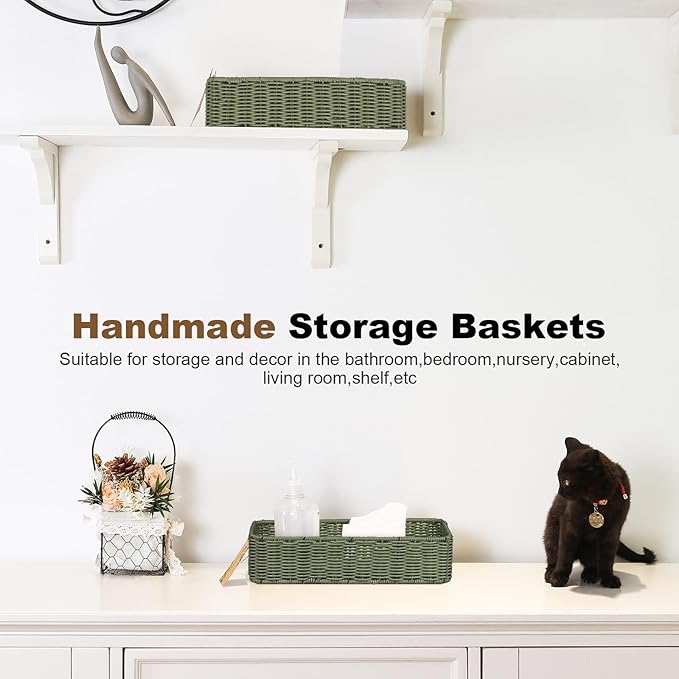 Small Resin Wicker Basket: Waterproof Sage Green Vanity Organizer 2-Pack for Modern Minimalist Decor