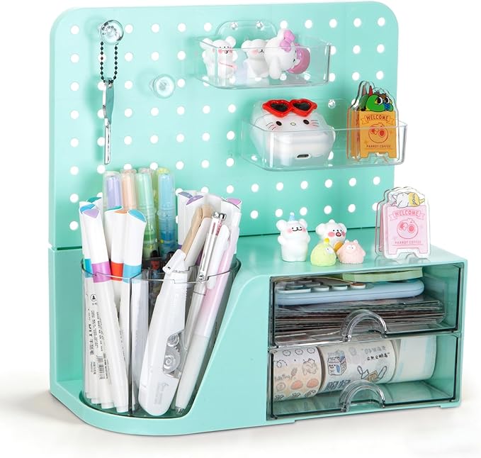 Comix Desk Organizer with 2 Drawer, Multifunctional Pen Holder for Desk, Desktop Organizer with Pegboard + Drawer + 5 Slots Pencil Holder for Office Home Art Supplies (Green)