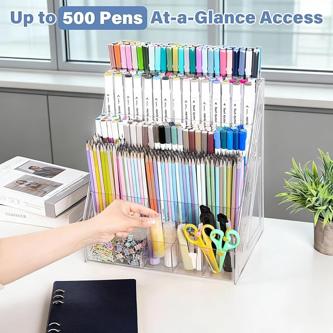Acrylic Marker Organizer – 4 Tier 20 Compartments for Pens, Markers, Art Supplies & Office Essentials – Clear Vertical Desk Storage for Home, Office & School