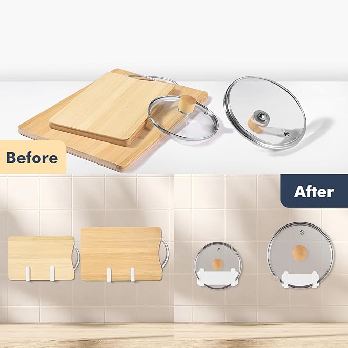 Pot Lid Rack, Wall Mounted 304 Stainless Steel Pan Lid Organizer Holder, Self Adhesive, Kitchen Cooking Utensil Tool (White, Set of 2)
