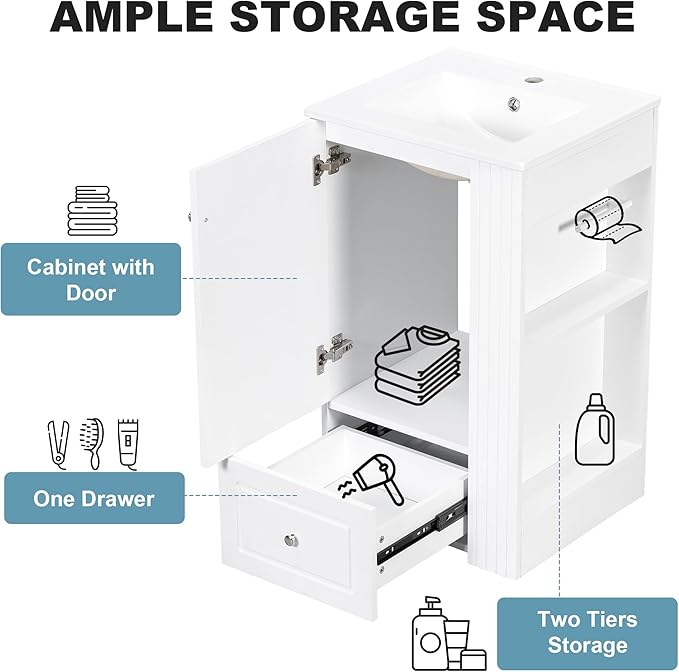 20 in Small Bathroom Vanity with Sink,Drawer,Doors and Side Storage & Toilet Paper Holder, Solid Wood & MDF Modern Single Bathroom Sink Cabinet with Drawers,Freestanding (White,20 in)