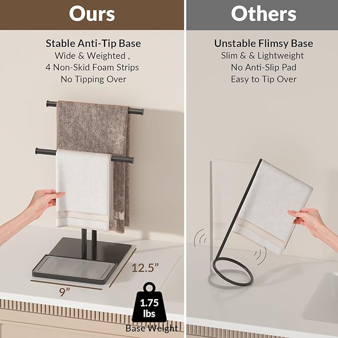 NADAMOO Towel Holder Stand with Stone Drying Tray, Adjustable Height 13.8"-24" Extra Tall for Countertop, Wide Stable Base, Rustproof Black Metal, Double Bar Hand Towel Rack for Bathroom & Kitchen