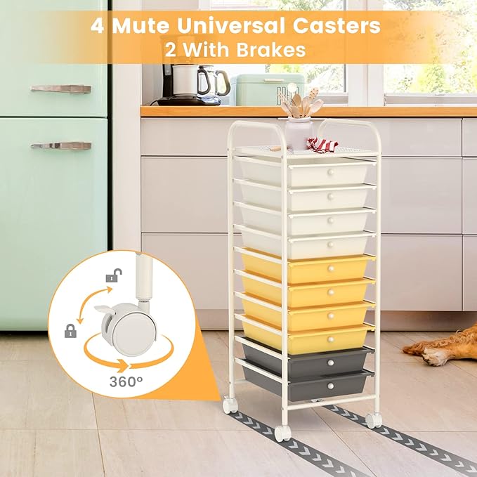 COSTWAY 10-Drawer Rolling Storage Cart, Utility Mobile Trolley with Removable Drawers & Universal Casters & 2 Brakes, Versatile Flexible Drawer Organizer Cart for Home, Office (Yellow)