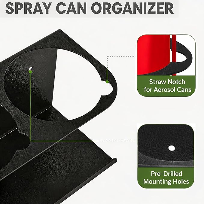 6 Pack Wall-Mounted Spray Bottle Holder, Heavy-Duty Steel Black Aerosol Can Storage Rack with 30 Holes, Spray Paint Can Organizer for Garage, Shop, Home, Tool Trailer & Service Truck